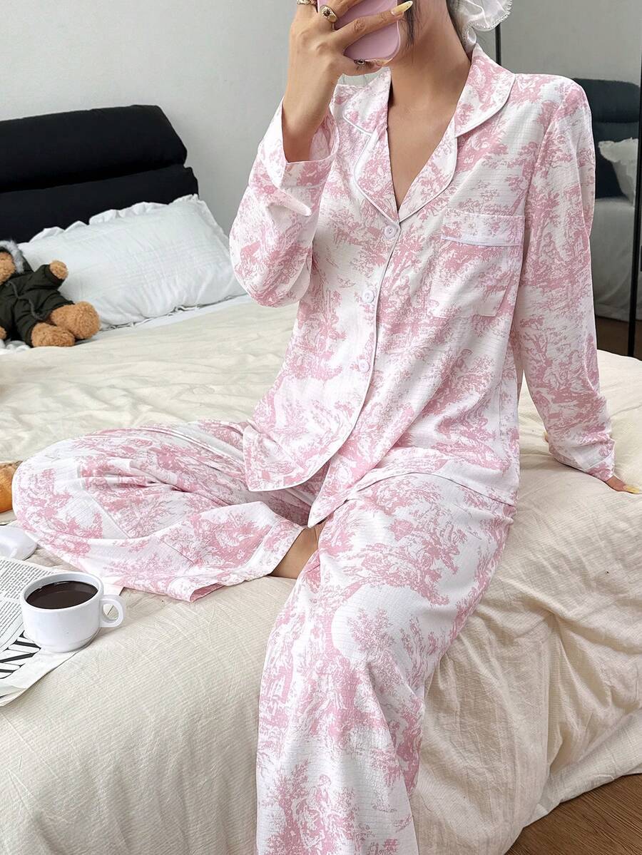 Women's Bubble Wrinkle Print Cardigan Collar Pajama Set Pink Pajamas Set Soft Pajamas Set Long Sleeve Top & Pants Pajama Set Sleepwear Women Pajamas With Print, Fall & Winter Clothes Pajamas Women - Baby Pink - View 1