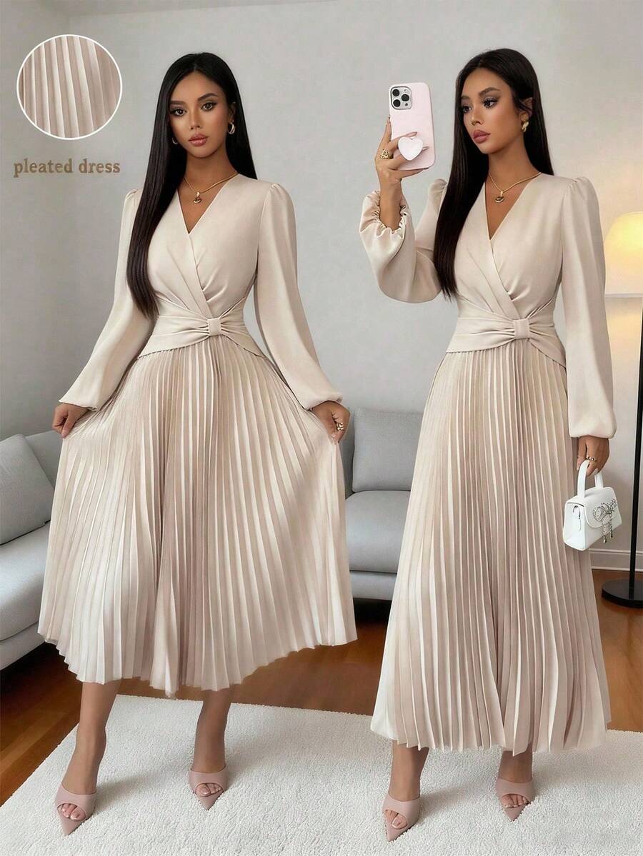 Rafferiza Váy nữ dáng ôm tay bồng cổ chữ V màu trơn xếp ly eo thanh lịch mới, thu/đông - Màu Khaki - Xem 1