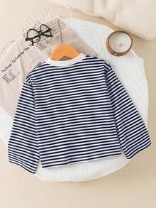 Genkimix Kids Young BoyStriped Jacquard Black & White Stripe Funny Smiling Face English Text Casual T-Shirt, Suitable For Layering Or Outerwear - Blue and White - View 3