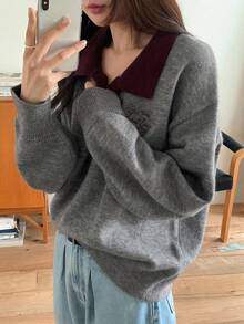 Dazy Kids Teen Girl Letter Embroidery Contrast Color Casual Pullover Sweater - Grey - View 4