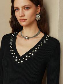 Arave Women's Slim Fit V-Neck Beaded And Rhinestone Button Tassel Design, Elegant Sleeveless Vest Sweater Dress, Perfect For Dates,   Parties, Or Black Parties. - Black - View 3