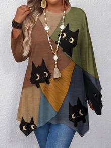 EMERY ROSE 加大码女式波西米亚风优雅宽松黑猫印花 T 恤，休闲不对称下摆 3/4 袖 T 恤，外出上衣，时尚秋季服装 - 彩色 - 查看 4