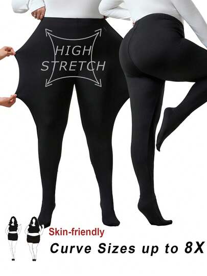 SHEIN CURVE+ Leggings térmicos con forro de malla negra, talla grande, otoño/invierno