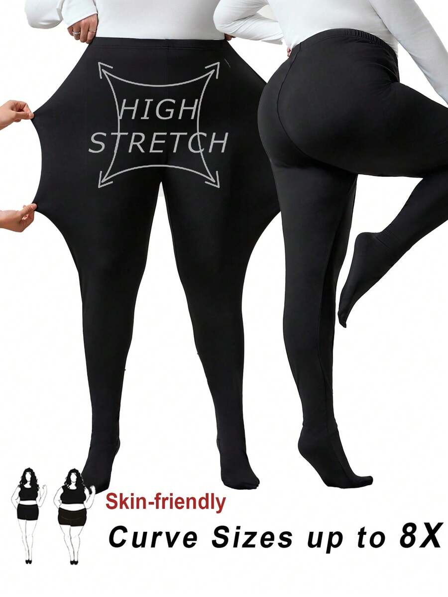 SHEIN CURVE+ Quần legging lót lưới màu đen cỡ lớn giữ nhiệt, mùa thu/đông - màu đen - Xem 1