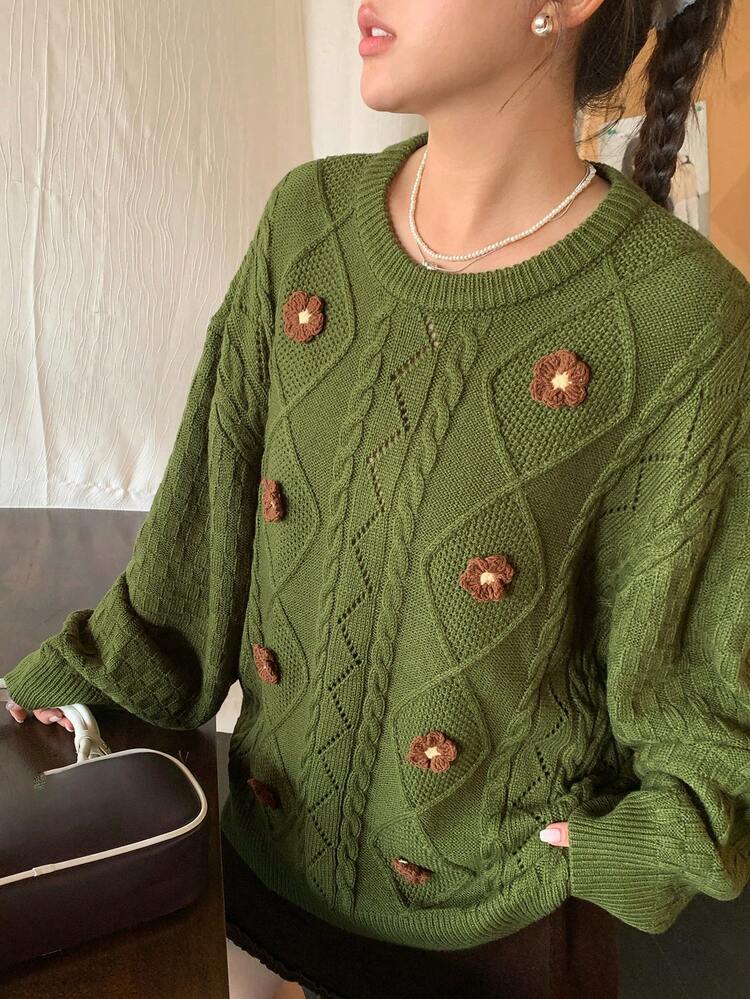 Dazy Plus Plus Size Crew Neck 3D Floral Christmas Sweater For Women, Casual Loose Fit Plus Size, Autumn/Winter