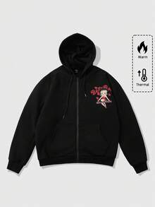 ROMWE MEN Betty Boop | ROMWE 男士拉链连帽衫，采用美国街头设计，蝙蝠袖，卡通人物和字母图案，秋冬 - 黑色 - 查看 3