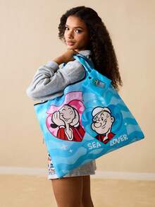 Popeye X SHEIN 1 Cute Cartoon Character Print Foldable Shopping Bag, Tote Bag, With Small Storage Bag With Bead Chain, Can Be Hung On The Bag, Spinach,Gift Ideas - 藍色 - 查看 3
