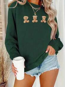 Sudadera femenina casual con estampado de osos diseño divertido tela gruesa holgada cuello redondo manga larga primavera otoño para uso diario - Verde - Ver 1