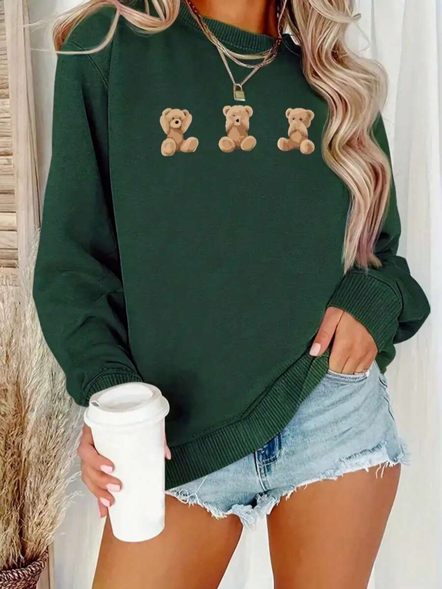 Sudadera femenina casual con estampado de osos diseño divertido tela gruesa holgada cuello redondo manga larga primavera otoño para uso diario - Verde - Ver 1
