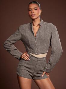 Hauture 女士性感办公室纯色拉链肩垫领夹克 - 棕色 - 查看 3