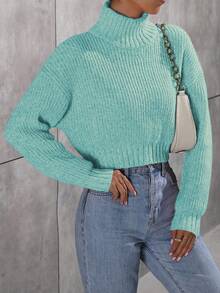 Calvaya Women Casual Solid High Neck Crop Sweater For Autumn & Winter - Teal Blue - View 3