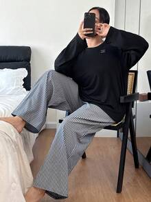 Doze Lane 2件套女士加大码字母刺绣针织圆领长袖上衣和条纹长裤睡衣套装，冬季服装 - 黑色 - 查看 5