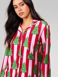 MISSGUIDED 女士圣诞树睡衣套装，节日睡衣，纽扣前开襟长袖上衣搭配同款短裤，红粉条纹，节日家居服 - 彩色 - 查看 5