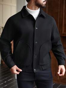 Manfinity Homme Plus Size Men's Long Sleeve Casual Solid Color Simple Button Overcoat, Autumn - Black - View 6