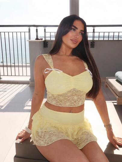 Ambs Edit 女式蕾丝吊带背心，胸部带褶边和蝴蝶结装饰，低腰褶皱荷叶边蕾丝边褶皱裙 + 上衣 2 件套 Y2K 服装青少年裙装夏季 2 件套两件套青少年