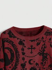 ROMWE Gothic Palace Cat Moon Chain Mysterious Black Cat Full Print Dark Pullover Sweater, Suitable For Halloween - Burgundy - View 3