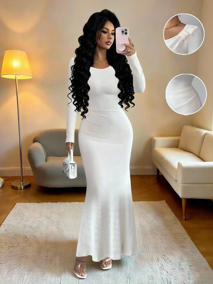 SHEIN Elenzya Váy len dệt kim xoắn thanh lịch thu đông dành cho nữ, thiết kế vai bất đối xứng, tay dài, xếp ly eo, ôm vừa vặn - Màu be - Xem 1