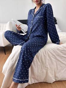 SHEIN Bubble Wrinkle Heart Print Long Sleeve Top & Pants Women PJS Polka Dot PJS , Fall & Winter Clothes - Navy Blue - View 4