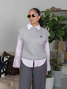 Melissa Matos Women Casual Loose Short Sleeve Knit Top With Small Logo Embroidery Fall Tops,Knitted Sweater - Grey - View 1