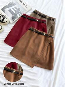 SHEIN Franclia Falda casual versátil de talle alto 2 en 1 con cinturón, otoño/invierno - Marrón - Ver 1
