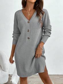 EMERY ROSE V-Neck Button Casual Versatile Long Sleeve Sweater Dress - Light Grey - View 5