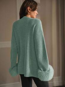 MOTF PREMIUM RHINESTONE DETAIL KNIT TOP & FURRY TRIM CARDIGAN - Mint Green - View 5
