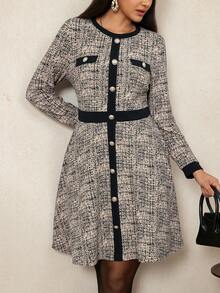 Zelara Plus Size Women Metal Button Design Round Neck Long Sleeve Elegant Dress - Multicolor - View 5