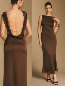 Poéselle 女士优雅露背无袖连衣裙，适合派对穿着 - 棕色 - 查看 2