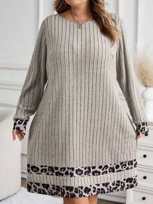 SHEIN CURVE+ Plus Size Women Knitted Ribbed Plush Patchwork Leopard Print Casual Dress, Autumn/Winter - Grey - View 5