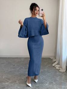 Elenzga 黄色长袖上衣和直筒裙两件套，优雅大方，适合秋冬季参加派对或通勤穿着。 - 藏蓝色 - 查看 4