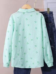 SHEIN Explorewe Y2K 风格女孩蝴蝶条纹印花经典衬衫，适合日常或学校穿着，可搭配牛仔裤、裙子或吊带背心，打造返校装 - 綠色 - 查看 2