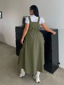 POPSWAY New Autumn Outdoor Versatile Waist Cinching Midi Dungaree Dress Maxi Women Outfit - Army Green - View 2