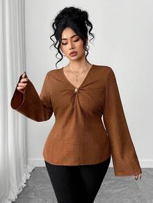 Elenzga Plus Size Women's V-Neck Shirt With X-Buckle Decor, Fashionable, Sexy, Elegant, Suitable For Work And Everyday Wear - Brown - View 3