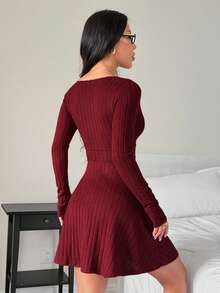 SHEIN PETITE Burgundy Deep V-Neck Crossed Wrap Ribbed Long Sleeve Dress Women Elegant,Autumn Chic Night Out Solid Color New Years Outfit Red Wine Dress - Burgundy - View 2