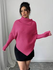 SHEIN Elenzya Áo len dệt kim cổ cao màu trơn cánh dơi bất đối xứng cổ điển dành cho nữ, thời trang và đa năng cho kỳ nghỉ và kỳ nghỉ lễ - Màu Hồng Tươi - Xem 6