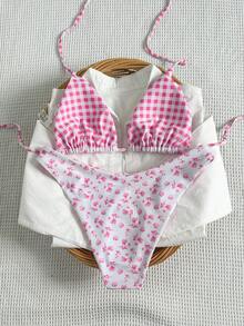 Swim Mod 新款女式夏季两件套随机花卉格子印花三角吊带比基尼上衣和下装套装，海滩度假泳装 - 彩色 - 查看 5