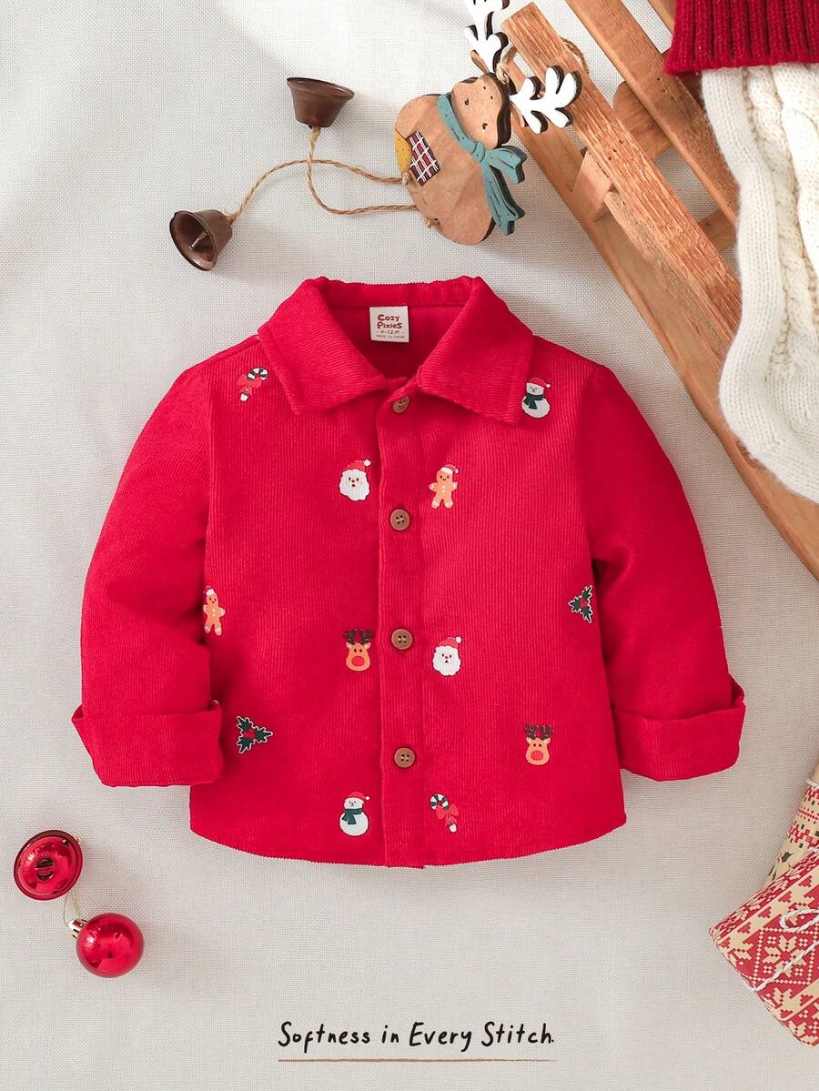 Cozy Pixies 男婴圣诞红色圣诞老人图案翻领长袖纽扣衬衫，百搭舒适 - 紅色 - 查看 1