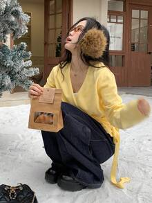 DAZY Women's Loose Business Casual Elegant Yellow Tie-Up Drawstring Oblique Placket Design Knit Cardigan, Suitable For Autumn, Winter, New Year, Christmas - Yellow - View 3