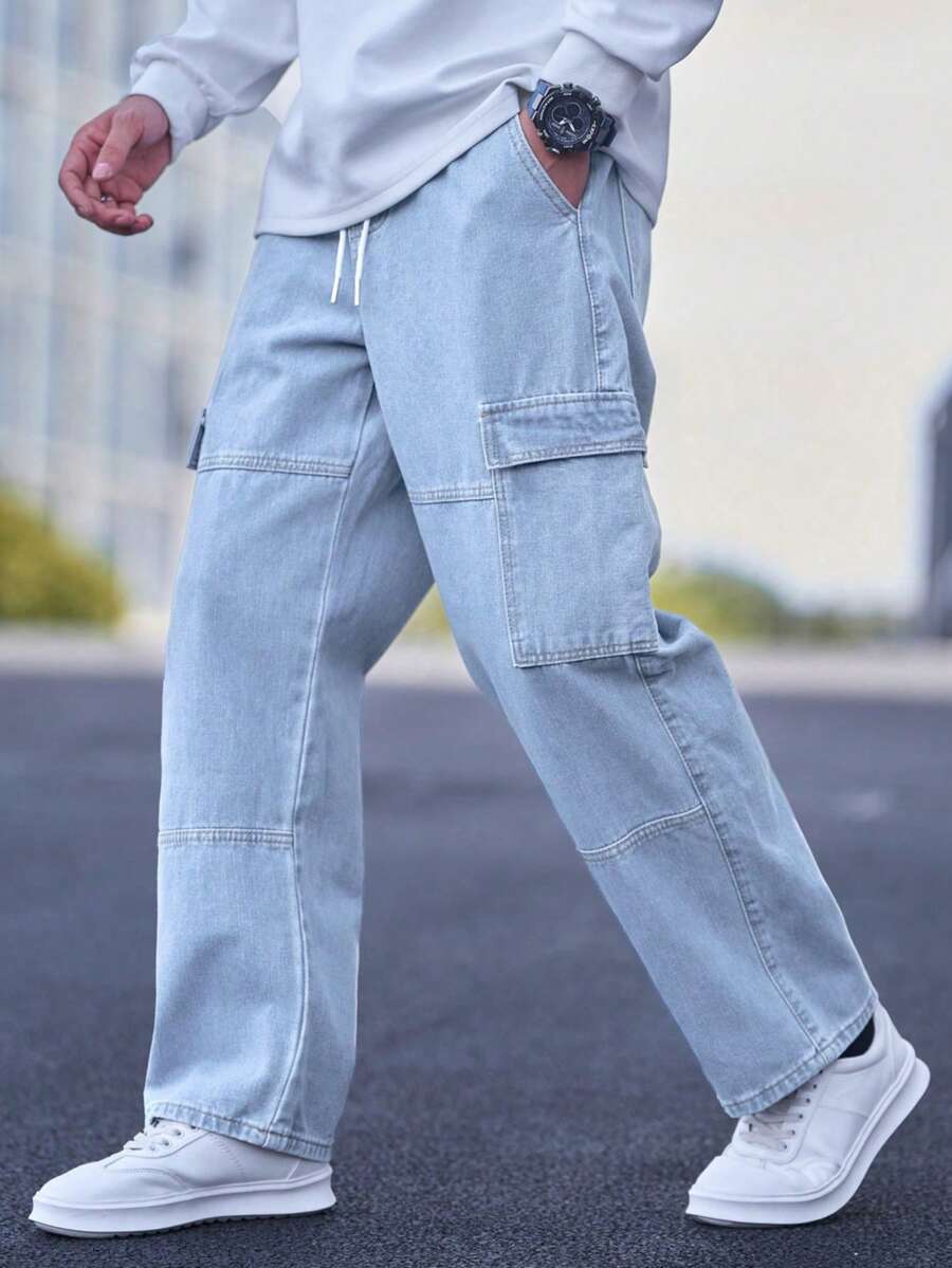 Manfinity Hypemode 宽松男士明线缝制抽绳腰带工装牛仔裤 - 淺色水洗藍 - 查看 1