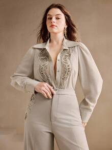 Anewsta 女士优雅派对礼服套装，适合圣诞节、感恩节等场合，新款时尚花卉领拼接长袖衬衫搭配修身长裤，大码两件套，秋冬款 - 淺灰色 - 查看 7