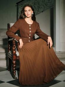 Anewsta Women's Elegant Long Sleeve Belted Pleated Maxi Dress - Coffee Brown - View 7