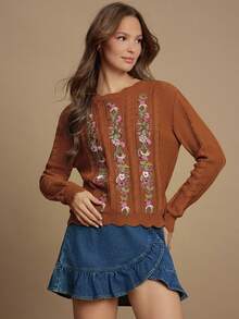 WESTFADE Floral Embroidered Cable Knit Crew Neck Long Sleeve Relaxed Knit Sweater - Red - View 4