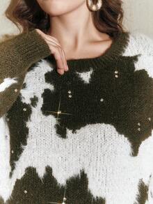 Anewsta Elegante Suéter de Gola Redonda Plus Size de Cashmere Macio e de Alta Qualidade com Enfeites de Strass, Verde, Plus Size