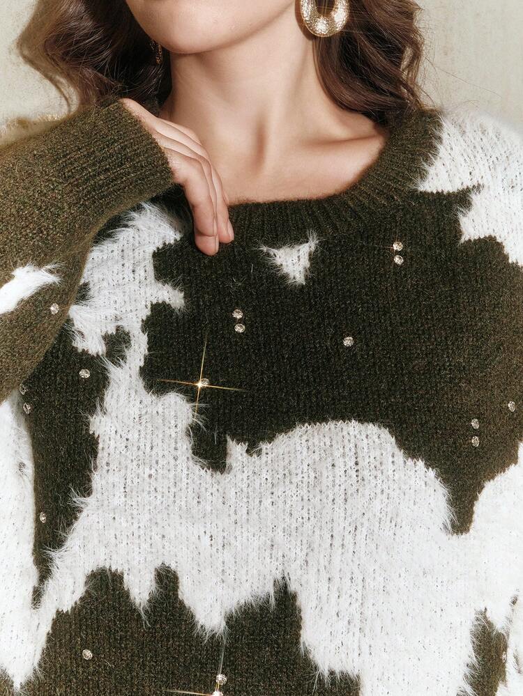 Elegant Rhinestone Embellished Plus Size Design High-End Soft Plush Cashmere Women's Green Christmas Crew Neck Pullover Sweater, Plus Size