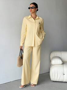 SHEIN Tall 女式新款西部牛仔马标志条纹刺绣宽松衬衫和裤子套装 - 黃色 - 查看 7