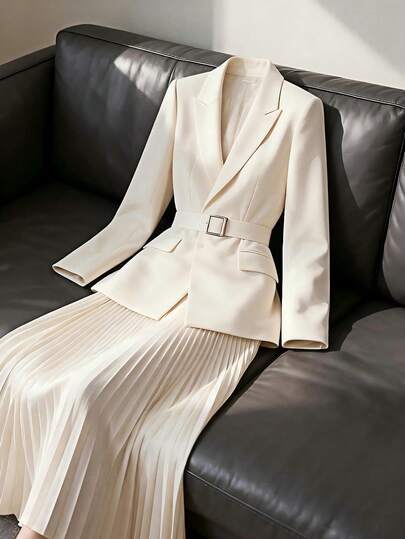 Franclia 女士优雅纯色外套和百褶裙两件套