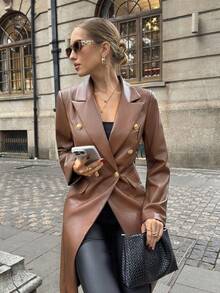 Lavishia Caramel Brown PU Lapel Double-Breasted Cinched Waist Fitted Women Jacket Brown Leather Blazer Women Brown Blazer Women Women Long Blazer Brown Double-Breasted Blazer Leather Blazer Dressy Winter Clothes For Women Christmas New Year Clothes - Brown - View 4