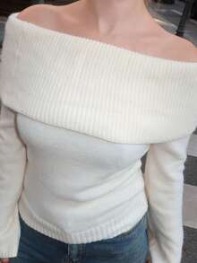 Turnttoni 女款 Y2K 法兰绒露肩毛衣，白色 - 米色 - 查看 3