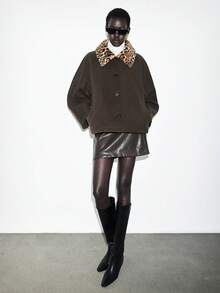 Lumivelle Women's Winter Jacket With Leopard Print Collar, Contrast Color Patchwork, Fashion Woolen Coat Series