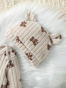 SHEIN 2 pezzi/Set Tutina a maniche lunghe con stampa orsetto e cappellino con orecchie 3D per neonati/bambini da 0-3 anni, unisex, in tessuto a maglia, adatto per autunno/inverno, casual, uscite, vacanze - Multicolore - Visualizzare 4